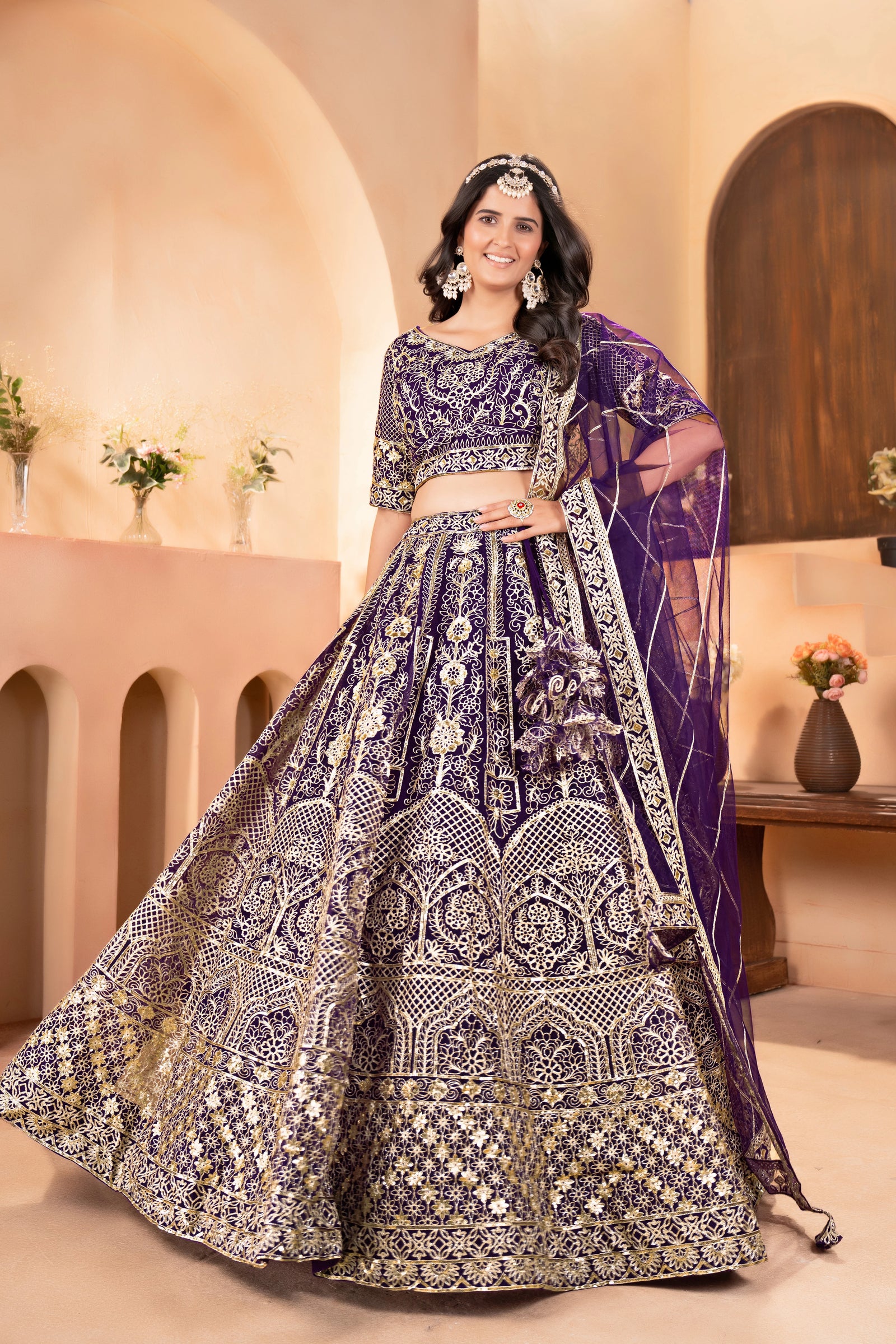 Dark Purple Sequins Zari Embroidered Net Lehenga