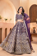 Dark Purple Sequins Zari Embroidered Net Lehenga