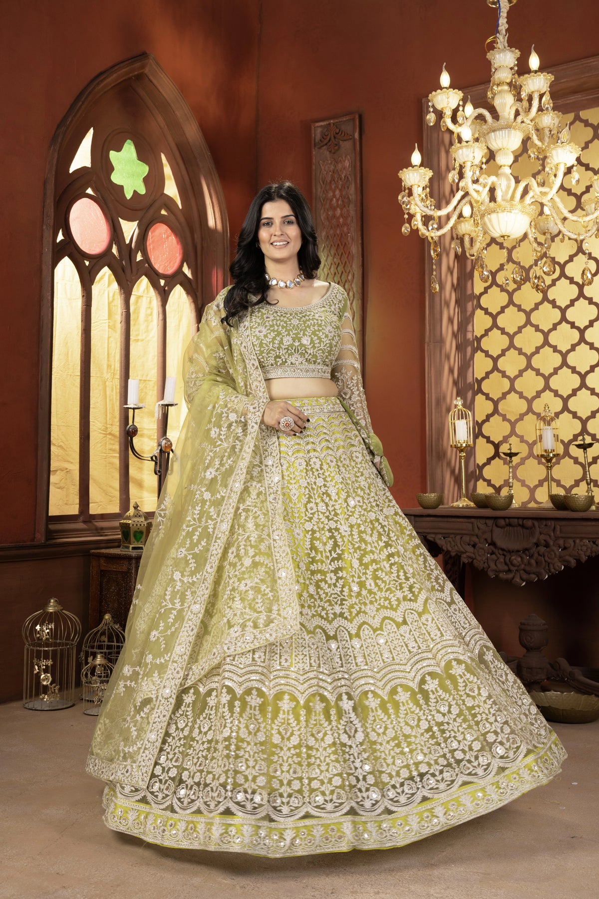 yellow sequins zari embroidered butterfly net lehenga