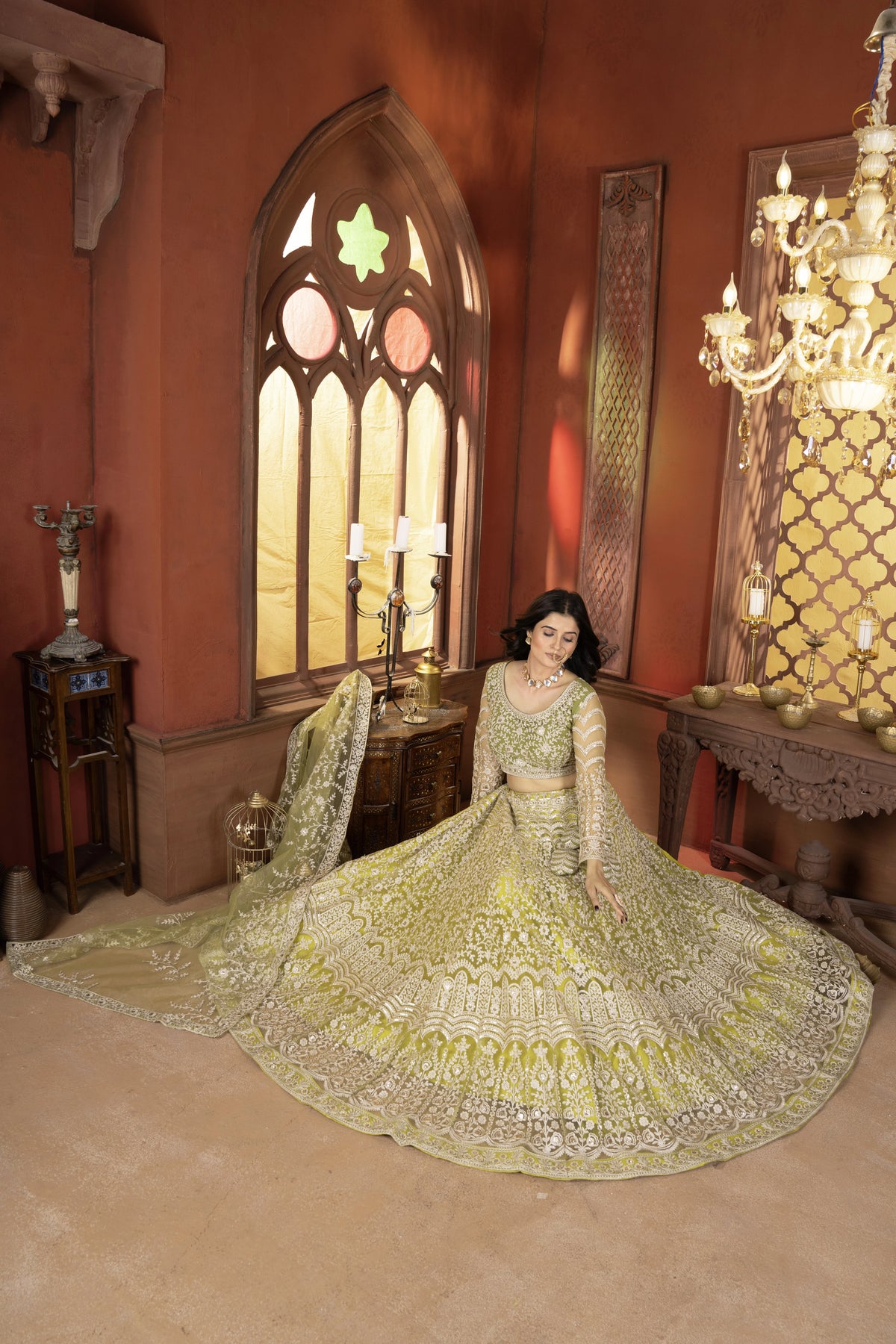 yellow sequins zari embroidered butterfly net lehenga