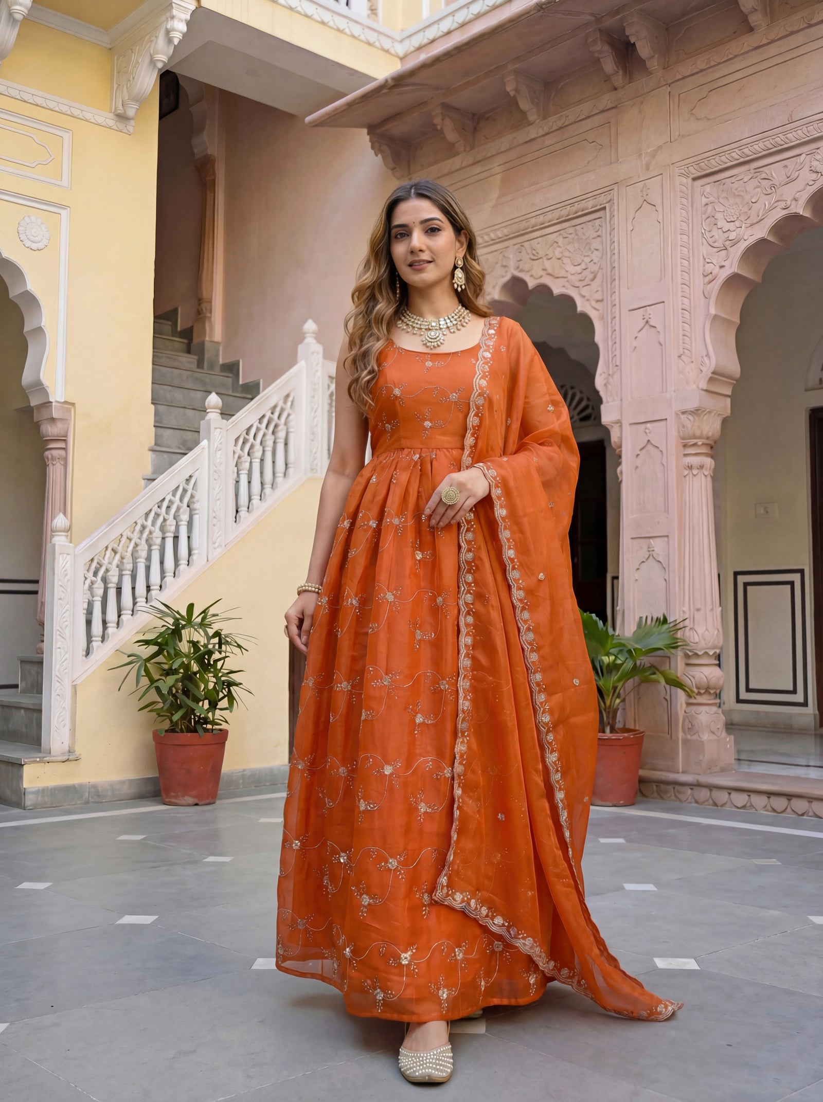 Orange Sequins Embroidered Fandy Silk Gown
