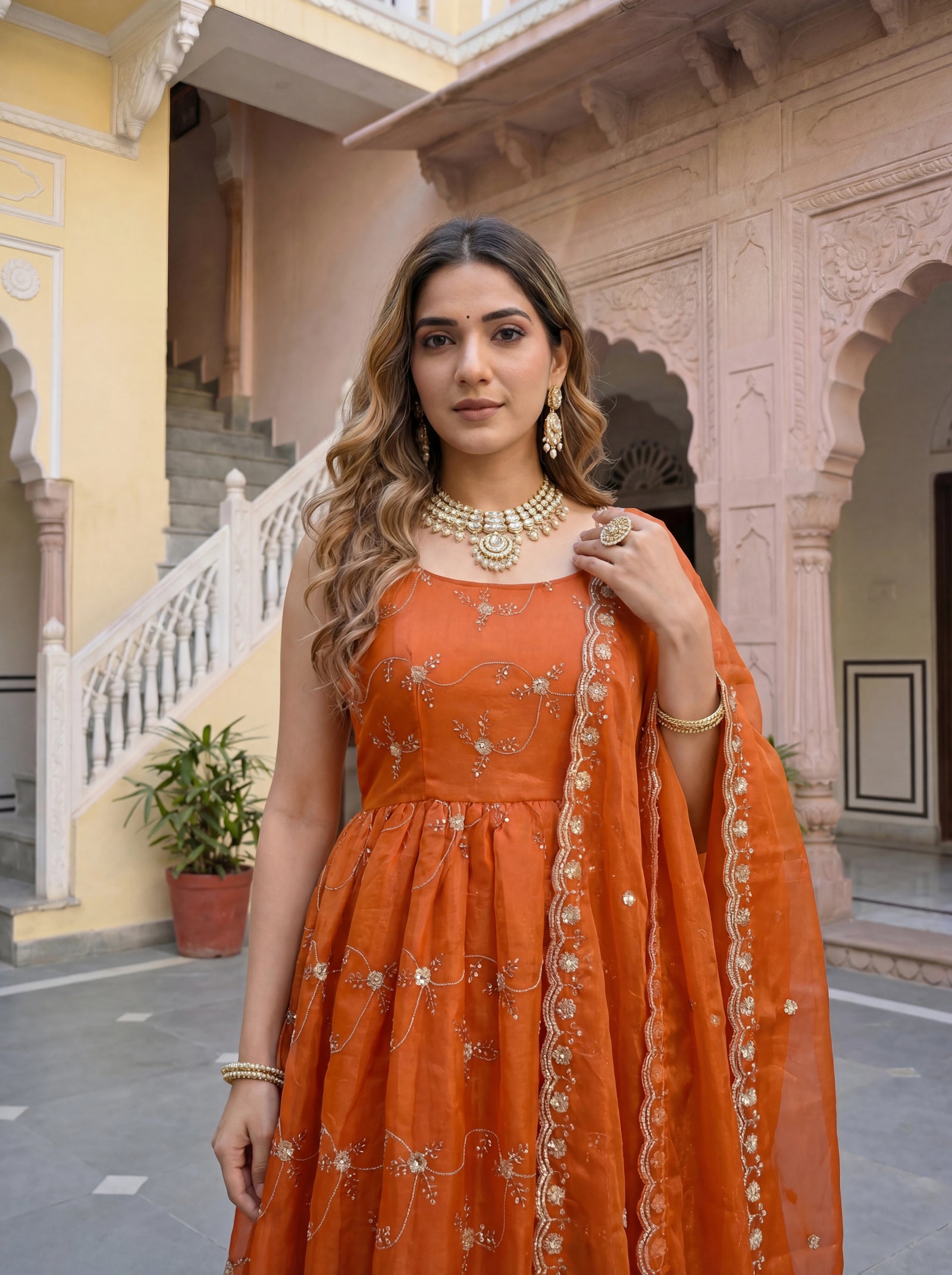 orange sequins embroidered fandy silk gown