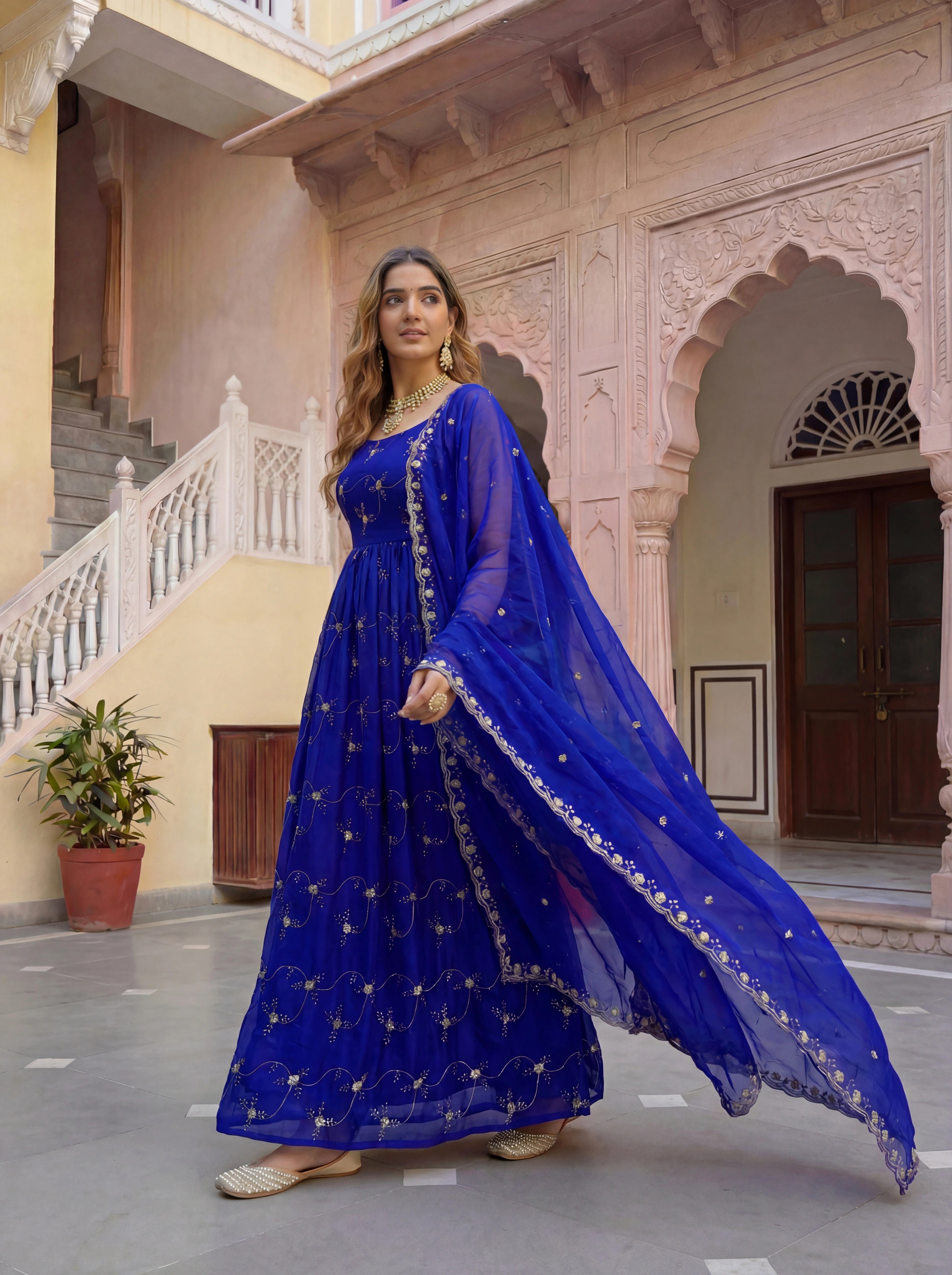 Blue Sequins Embroidered Fandy Silk Gown