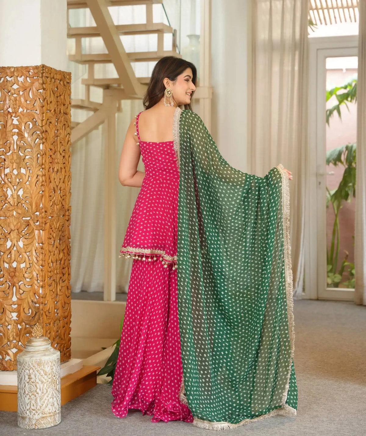Back view of Pink Bandhej Print Suit showing square back and palazzo