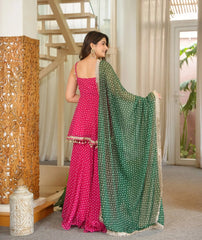 Back view of Pink Bandhej Print Suit showing square back and palazzo