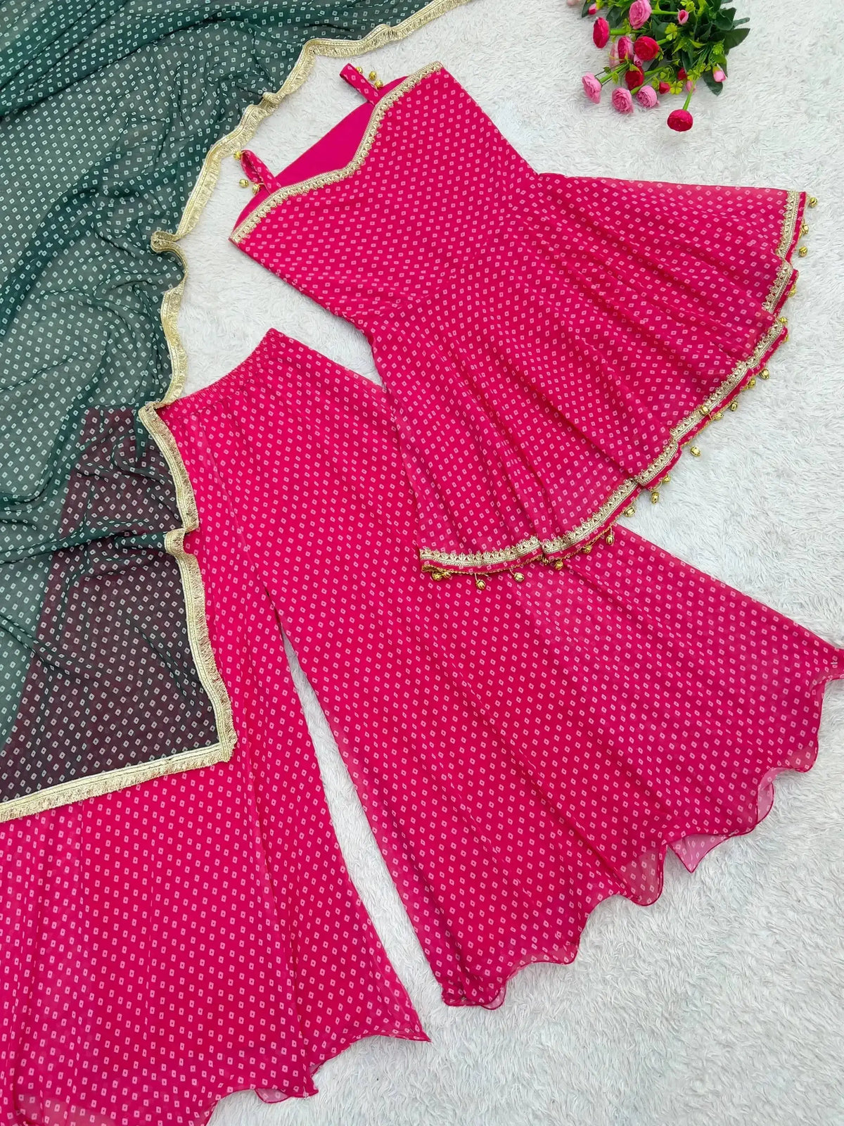 Full flat lay of Pink Bandhej Print Suit palazzo and dupatta set