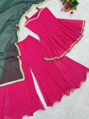 Full flat lay of Pink Bandhej Print Suit palazzo and dupatta set