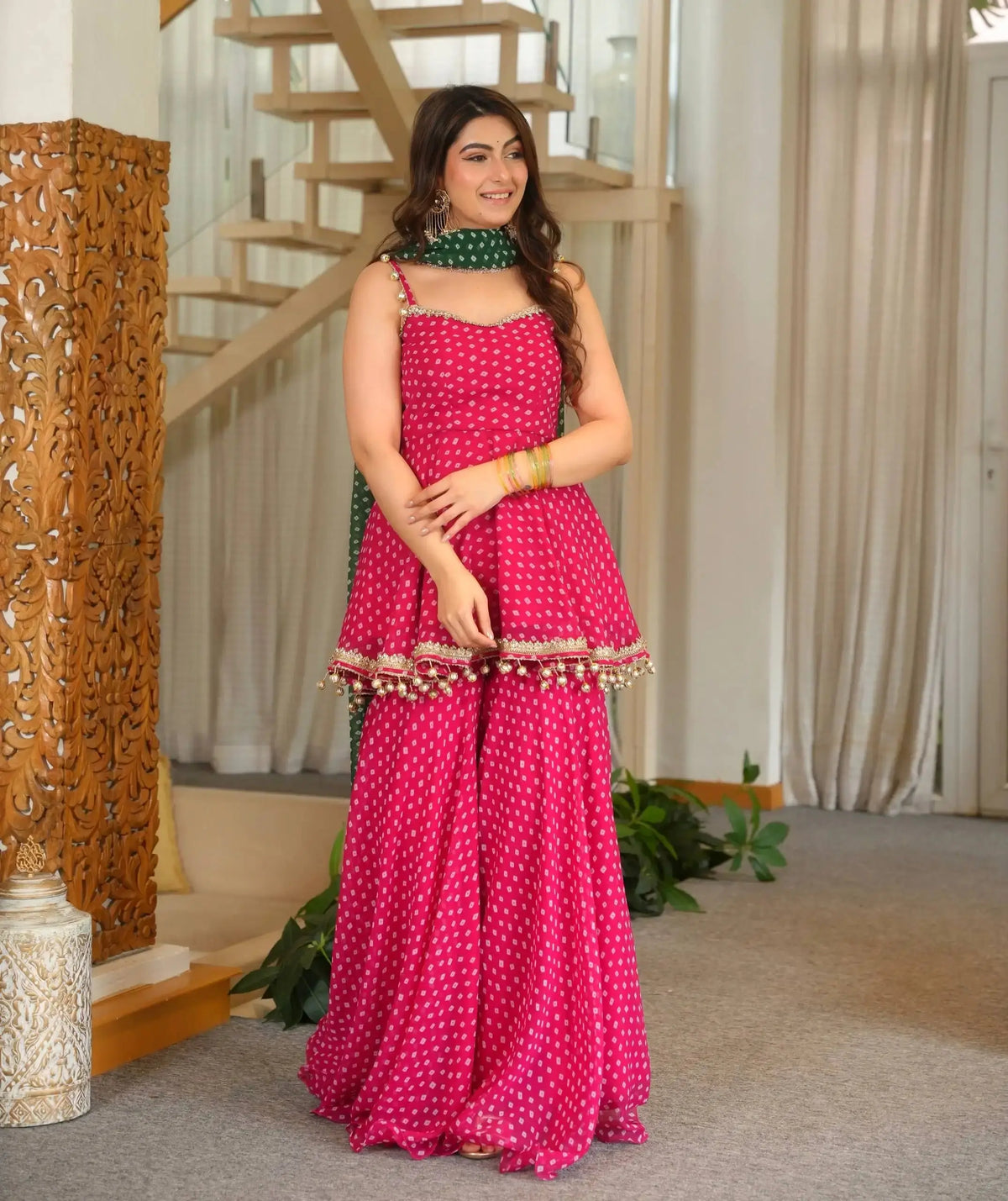 Pink Bandhej Print Suit front view with green bandhej dupatta and ghungroo hem