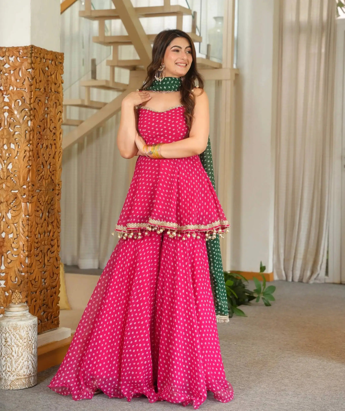 Pink Bandhej Print Suit full length front view with dupatta over shoulder