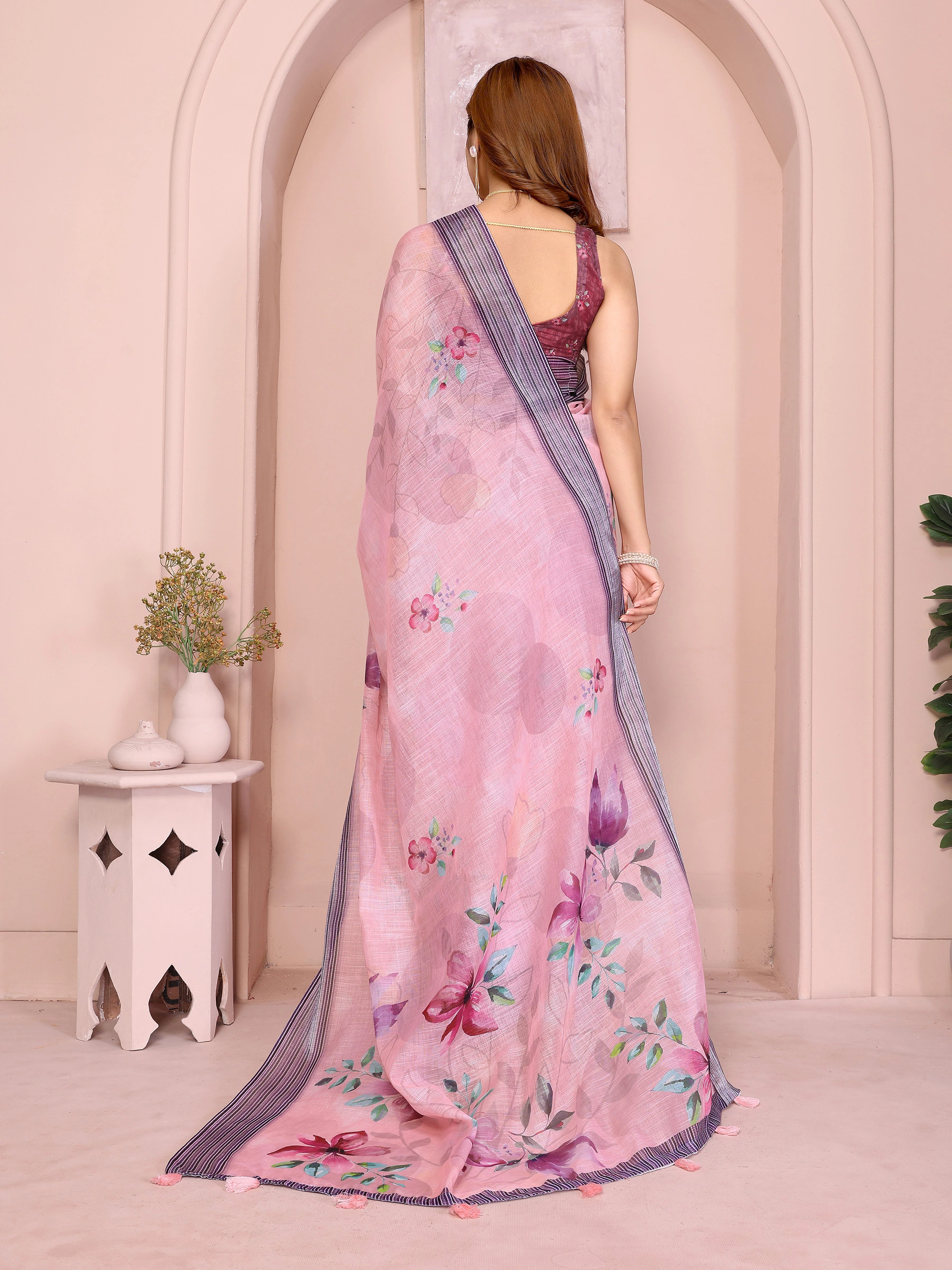 Pink Digital Floral Print Saree back view – magnolia and clematis floral pallu with navy contrast border spread