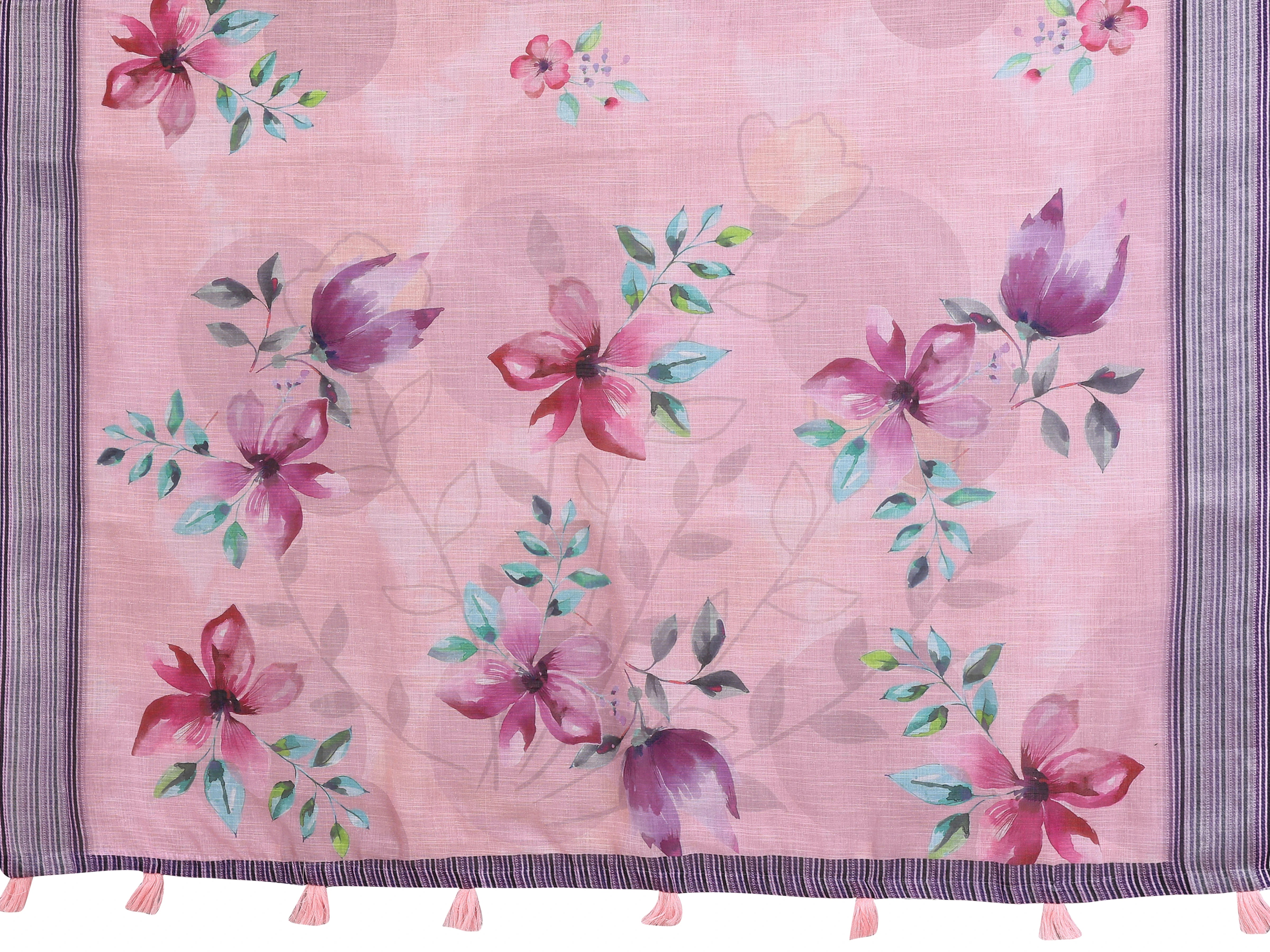 Pink Digital Floral Print Saree flat lay – full saree and blouse piece, magnolia print with navy border and pink tassels