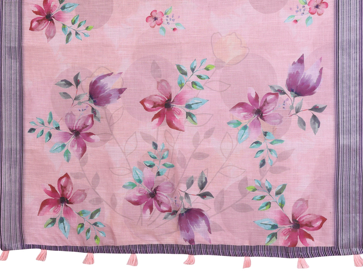 Pink Digital Floral Print Saree flat lay – full saree and blouse piece, magnolia print with navy border and pink tassels