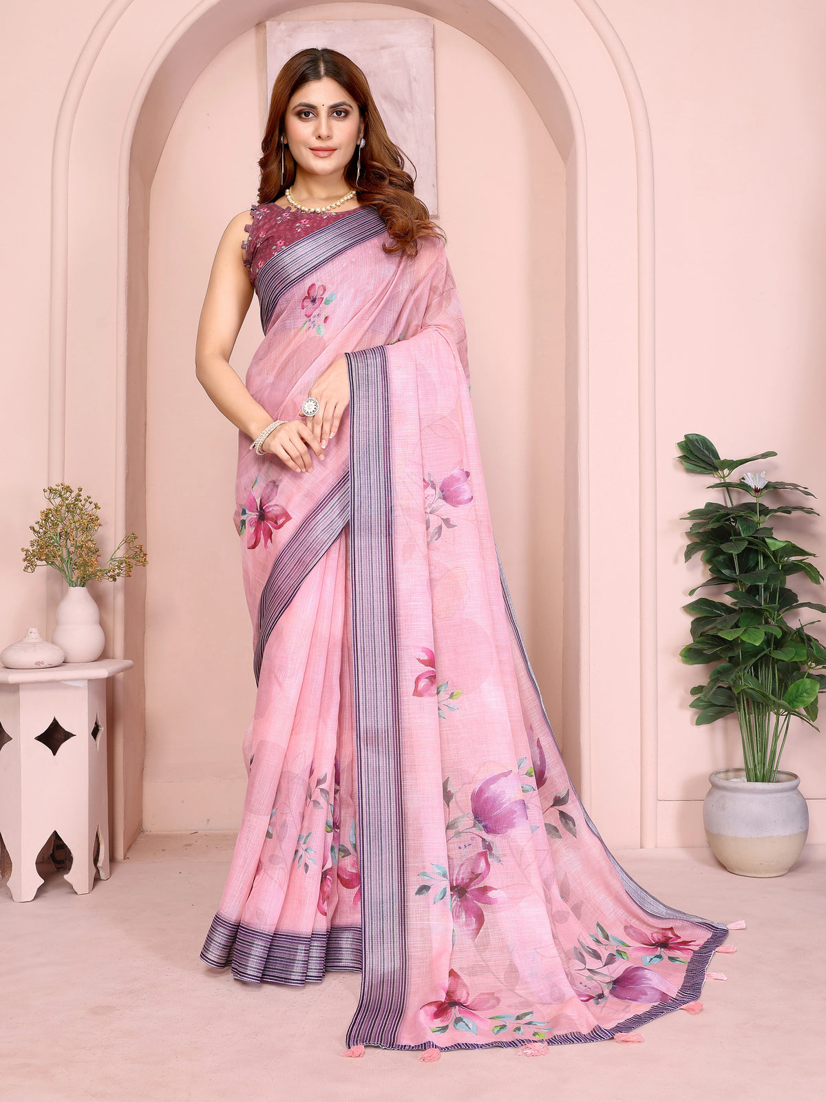 Pink Digital Floral Print Saree front view – linen cotton with large magnolia blooms and navy stripe contrast border