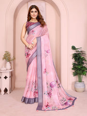 Pink Digital Floral Print Saree front view – linen cotton with large magnolia blooms and navy stripe contrast border