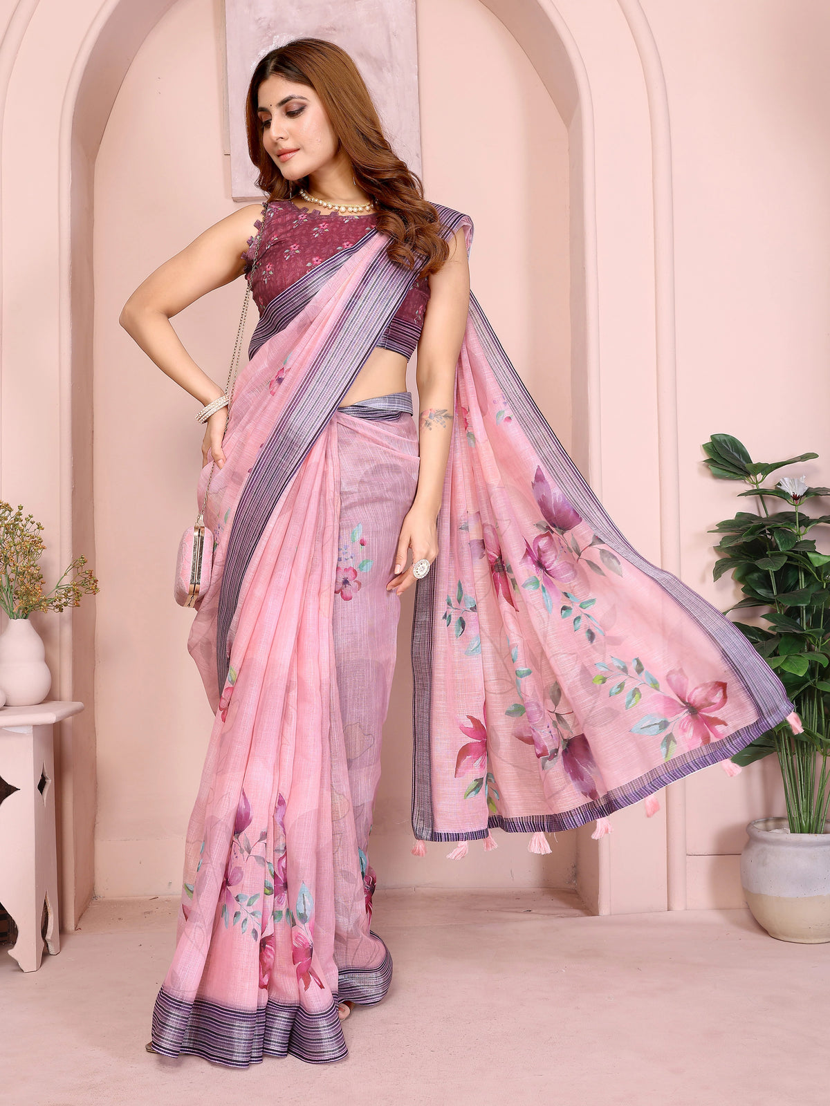 Pink Digital Floral Print Saree on model – open pallu showing magenta and violet floral print on pink linen cotton