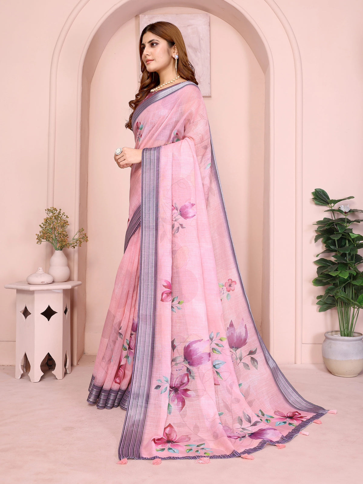 Pink Digital Floral Print Saree side drape – printed floral pallu with navy stripe contrast border and pink tassels