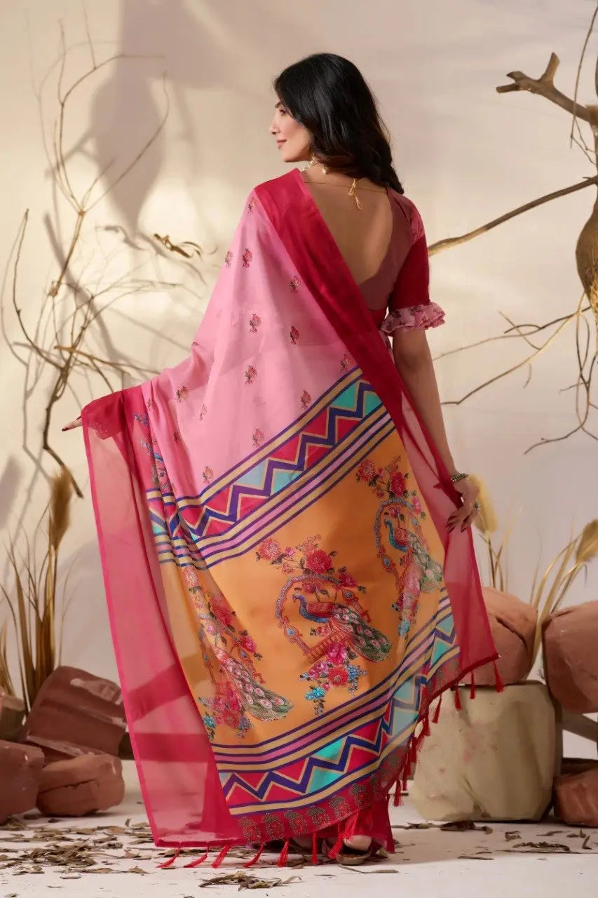 Pink Digital Floral Print Saree – back view showing peacock pallu and deep back blouse