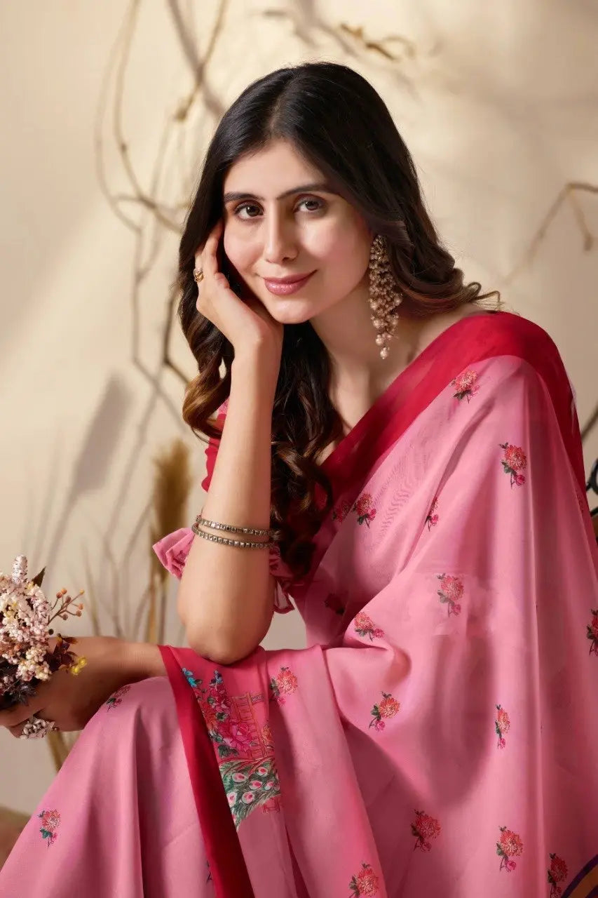 Pink Georgette Saree – upper drape close-up with printed ruffled sleeve blouse