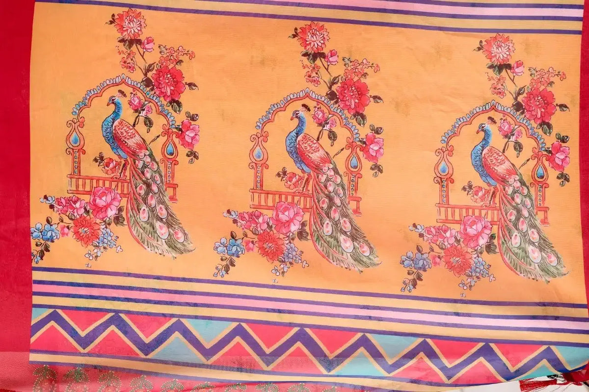 Pink Saree contrast pallu flat lay showing peacock motifs and multicolour chevron border