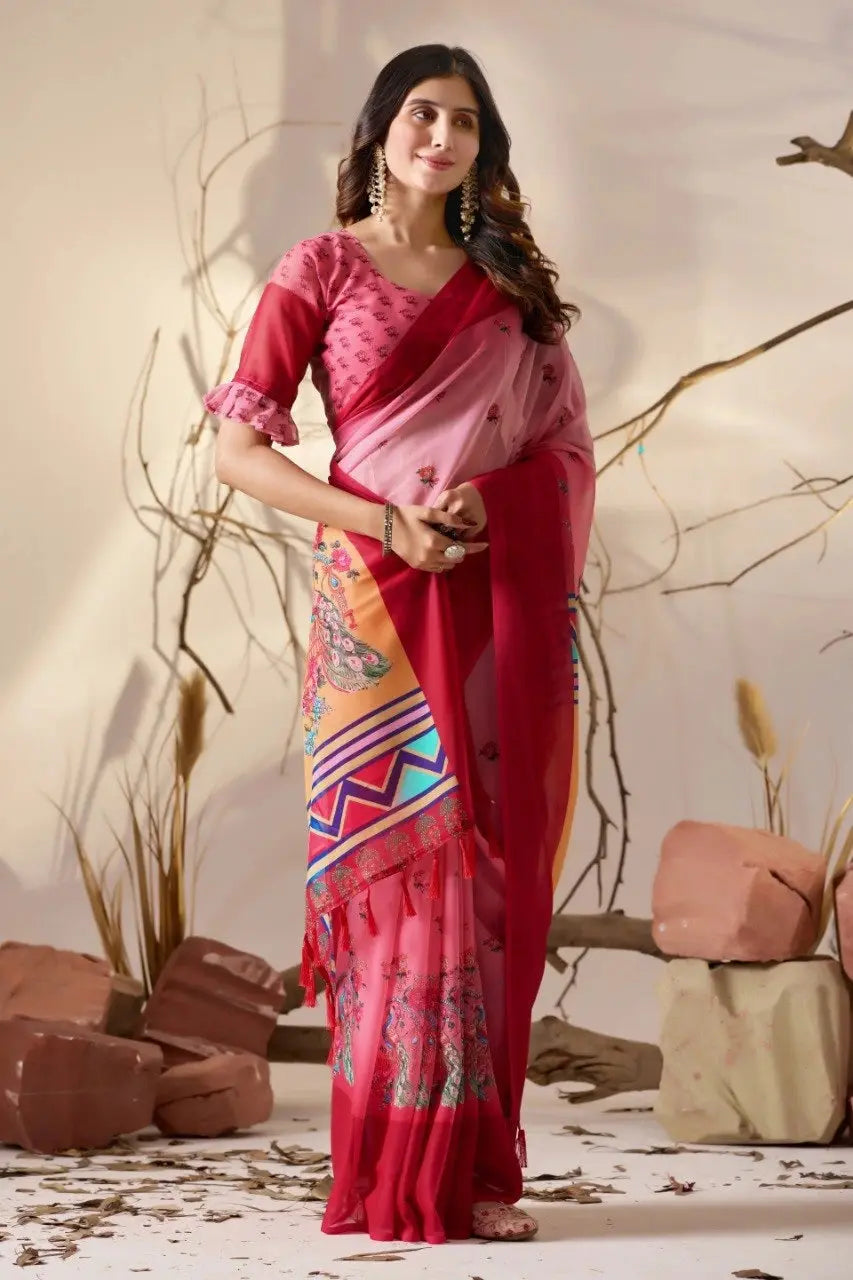 Pink Georgette Saree – full front drape showing contrast orange peacock pallu