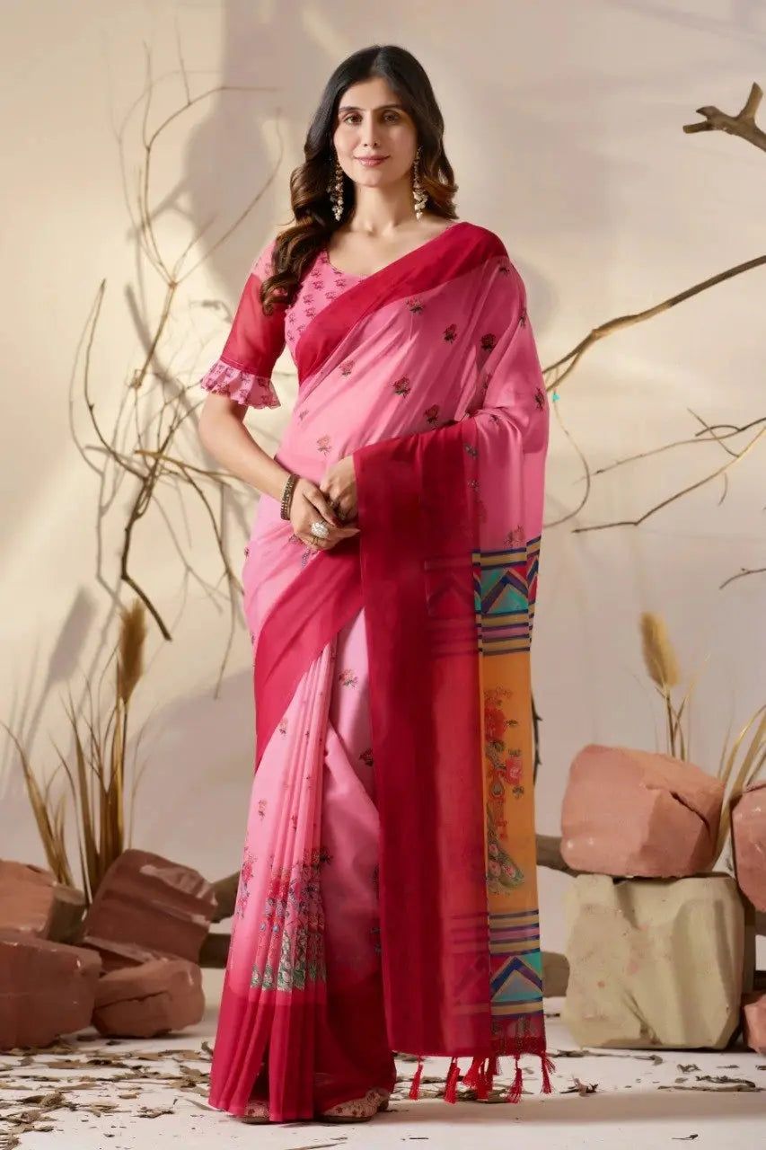 Pink Digital Floral Print Soft Georgette Saree – front full standing drape view