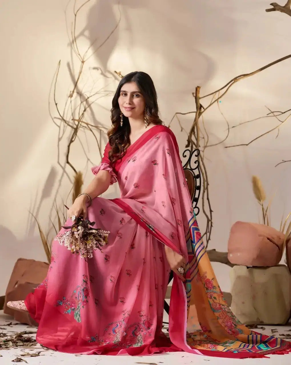 Pink Digital Floral Print Saree – elegant seated drape with contrast peacock pallu