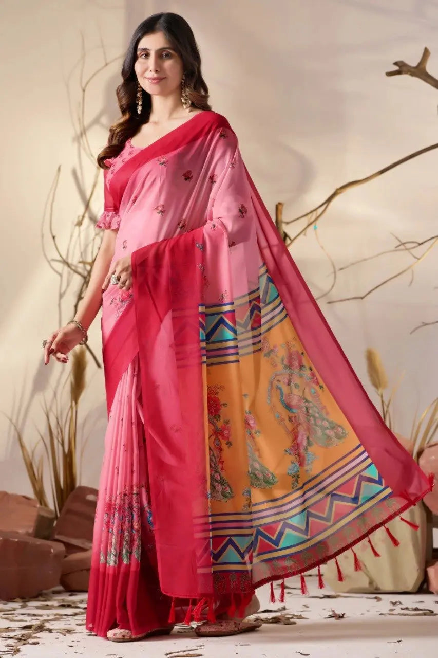 Pink Soft Georgette Saree – side drape view showing ombre body and peacock pallu