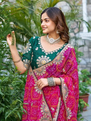 Close-up of green Mono Silk blouse with gota patti embroidery on Pink Gota Patti Saree