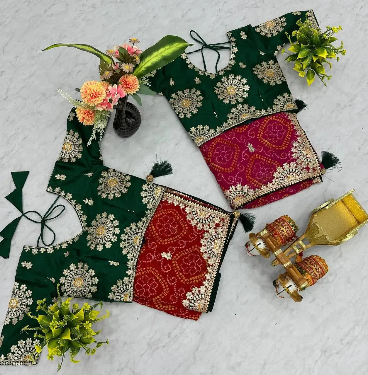 Flat lay of green Mono Silk blouses with gota patti embroidery for Pink Gota Patti Saree