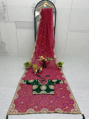 Flat lay of Pink Gota Patti Saree with bandhani print and zari border