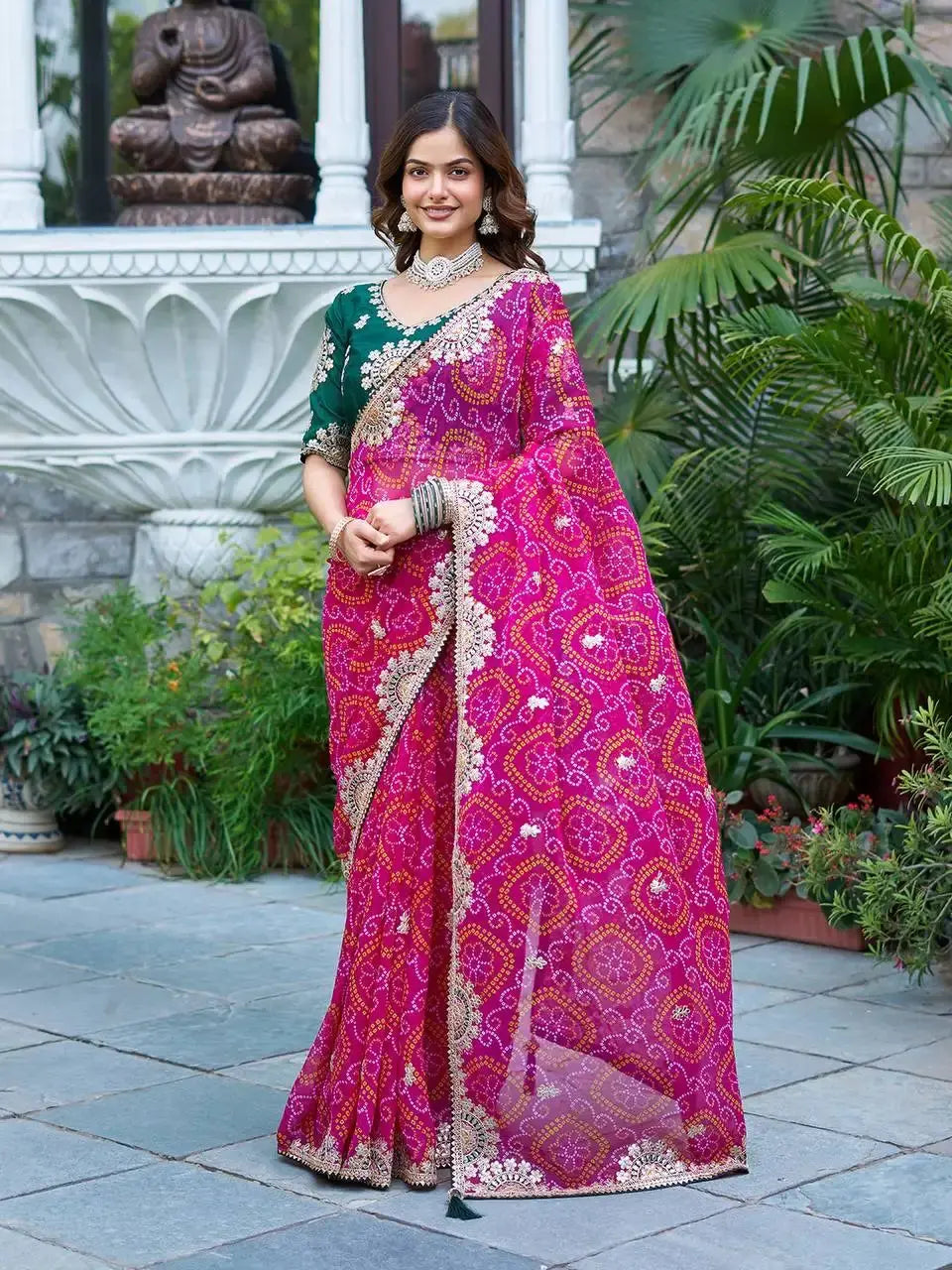 Full length front view of Pink Gota Patti Saree with zari border