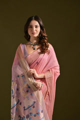 Pink Resham Weaving Saree lavender-grey blouse and pallu closeup