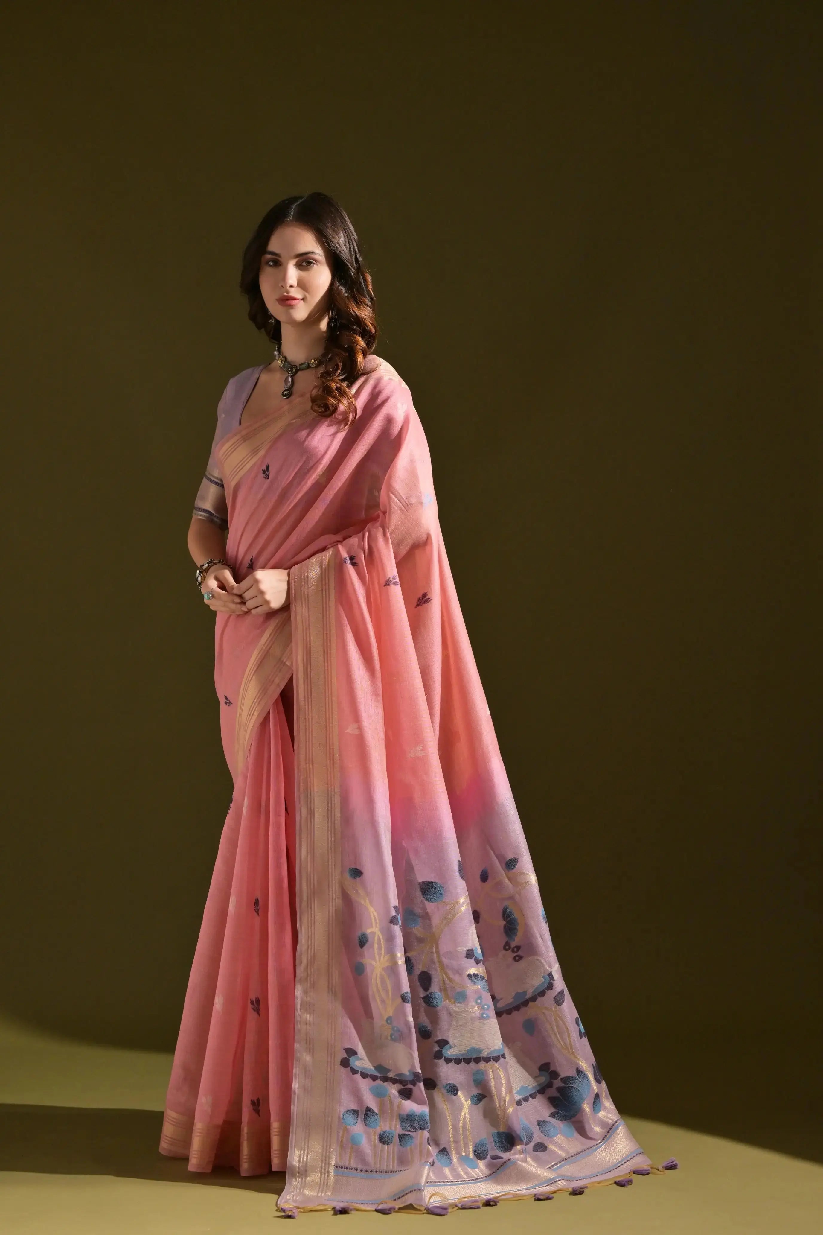 Pink Resham Weaving Saree with lavender-pink contrast pallu front drape view