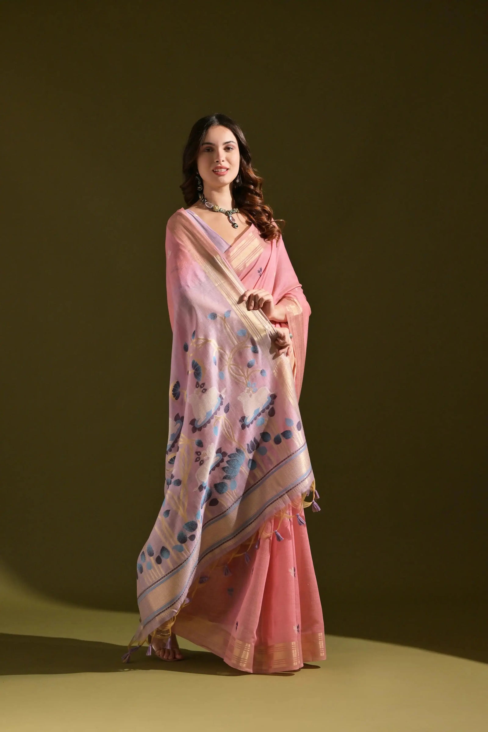Pink Resham Weaving Saree styled with lavender-grey blouse and jewellery