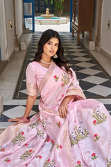Close-up of Pink Thread Embroidered Jacquard Saree fabric and embroidery