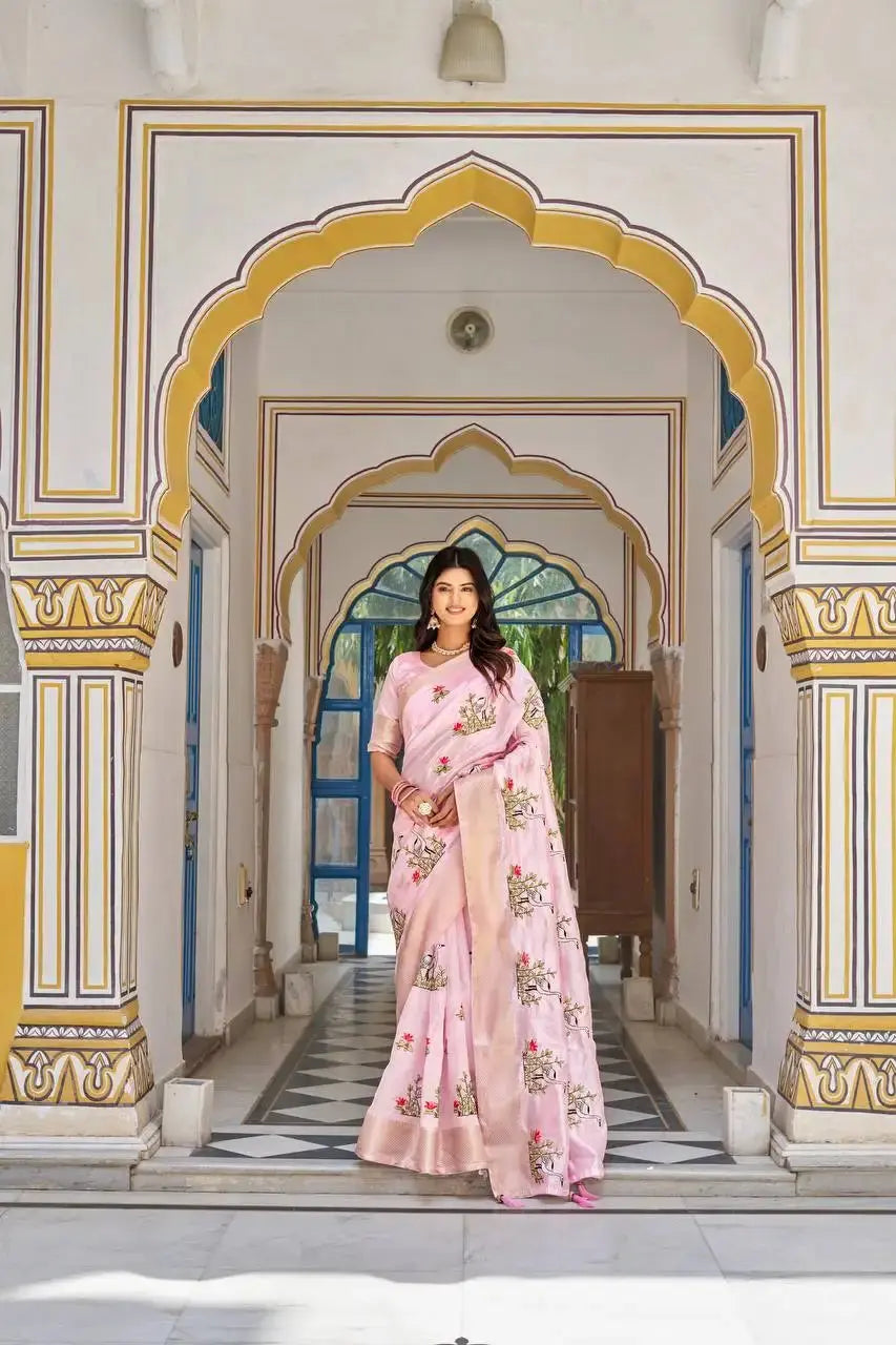 Pink Thread Embroidered Jacquard Saree with crane and lotus motifs, front drape view