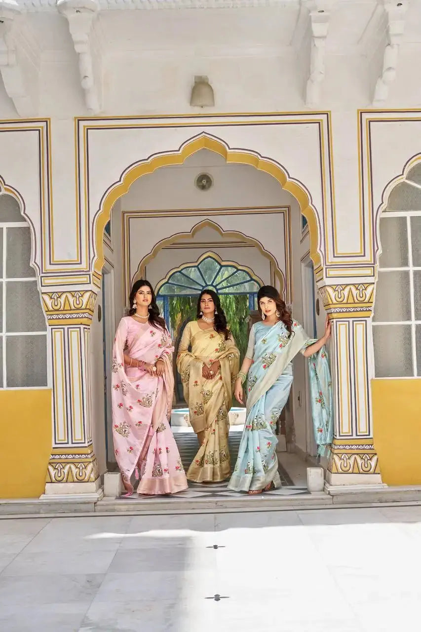 Pink Thread Embroidered Jacquard Saree in a group walking shot