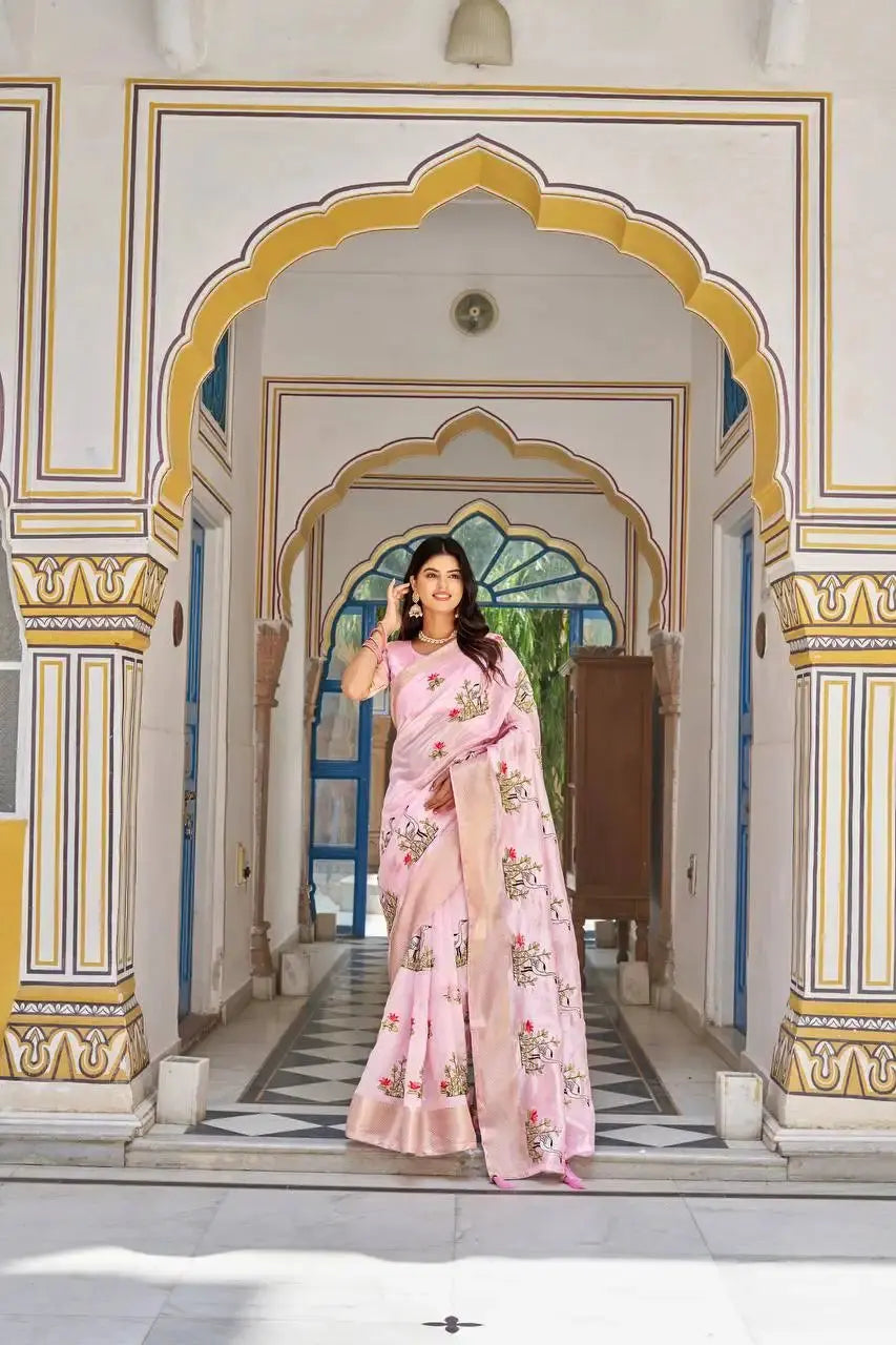 Pink Thread Embroidered Jacquard Saree pallu with embroidered crane motif