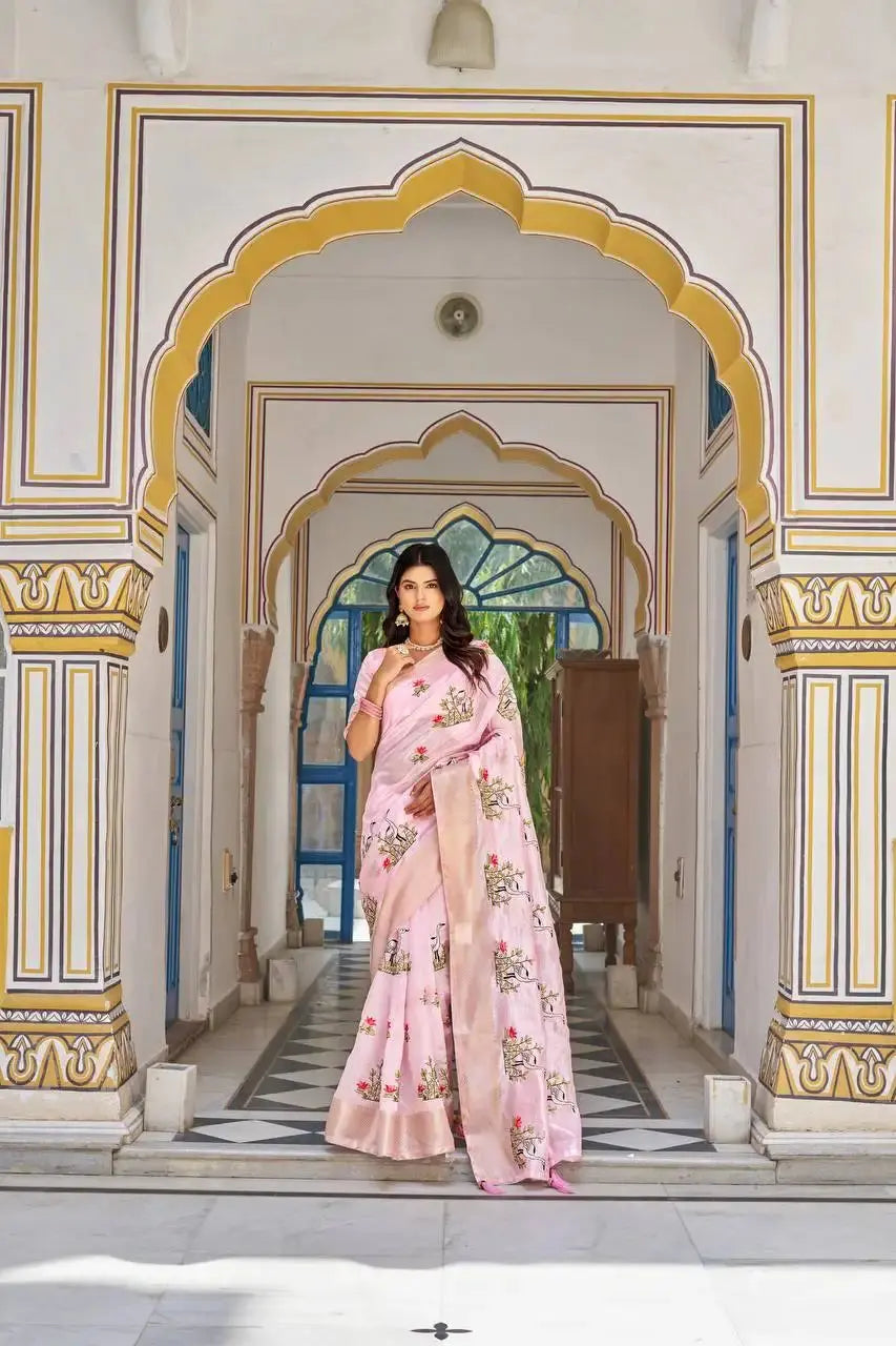 Pink Thread Embroidered Jacquard Saree side pose with zari border