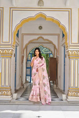 Pink Thread Embroidered Jacquard Saree side pose with zari border
