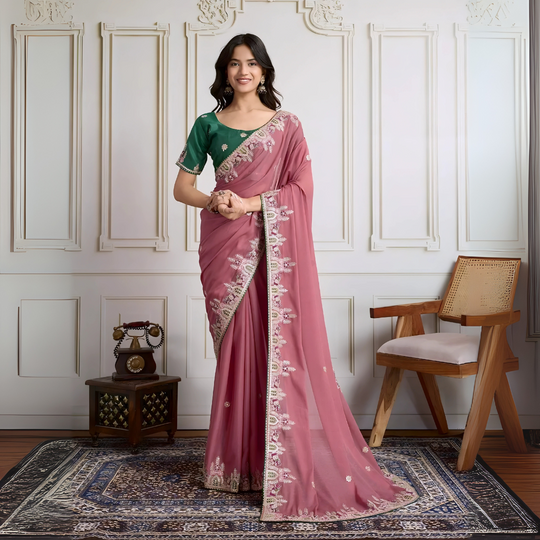 Pink Embroidery with Piping Border Work Star Georgette