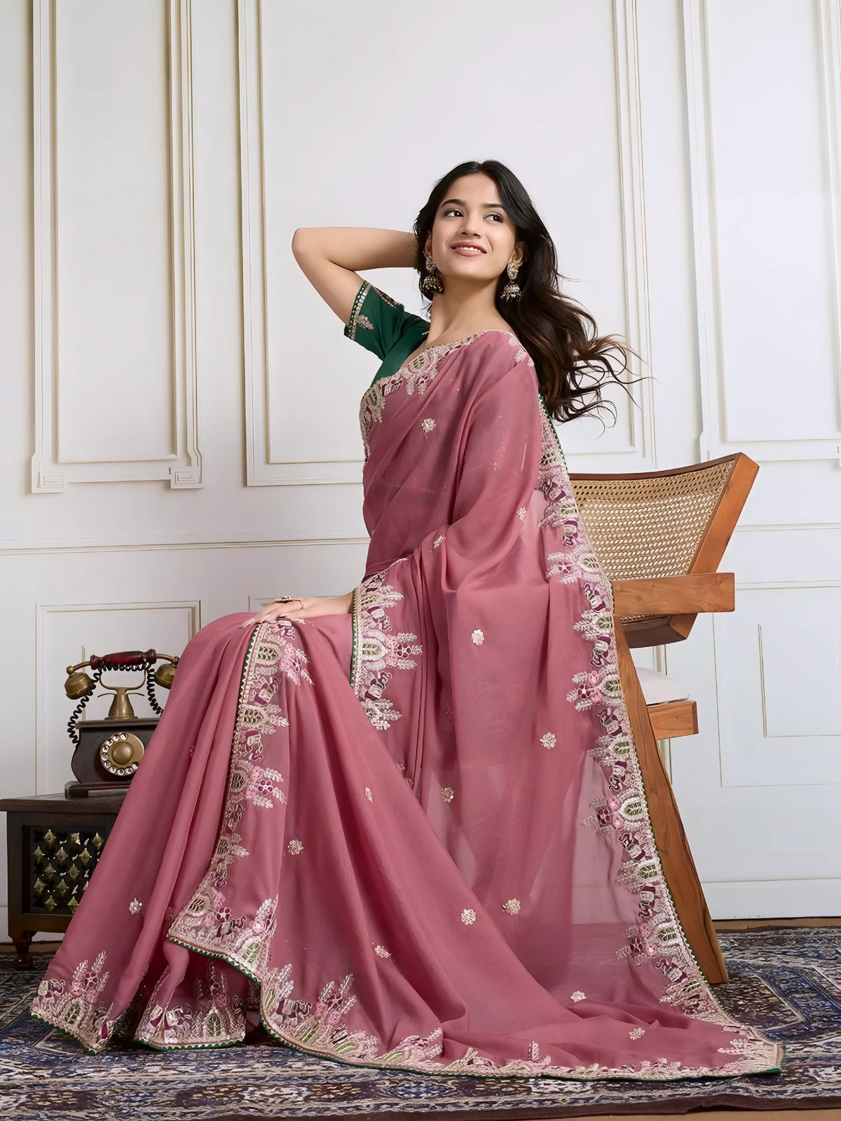 Pink Embroidery with Piping Border Work Star Georgette