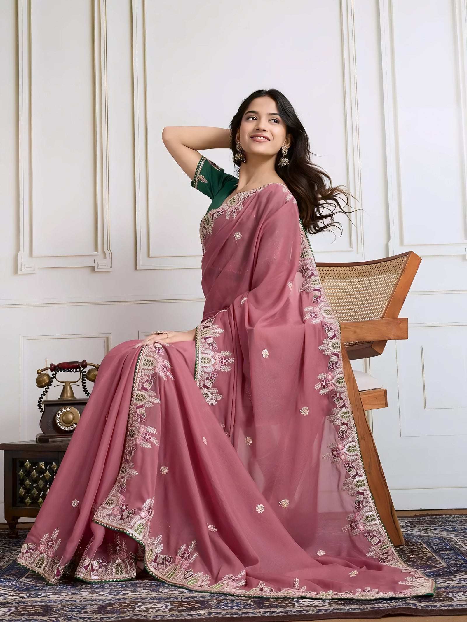 Pink Embroidery with Piping Border Work Star Georgette