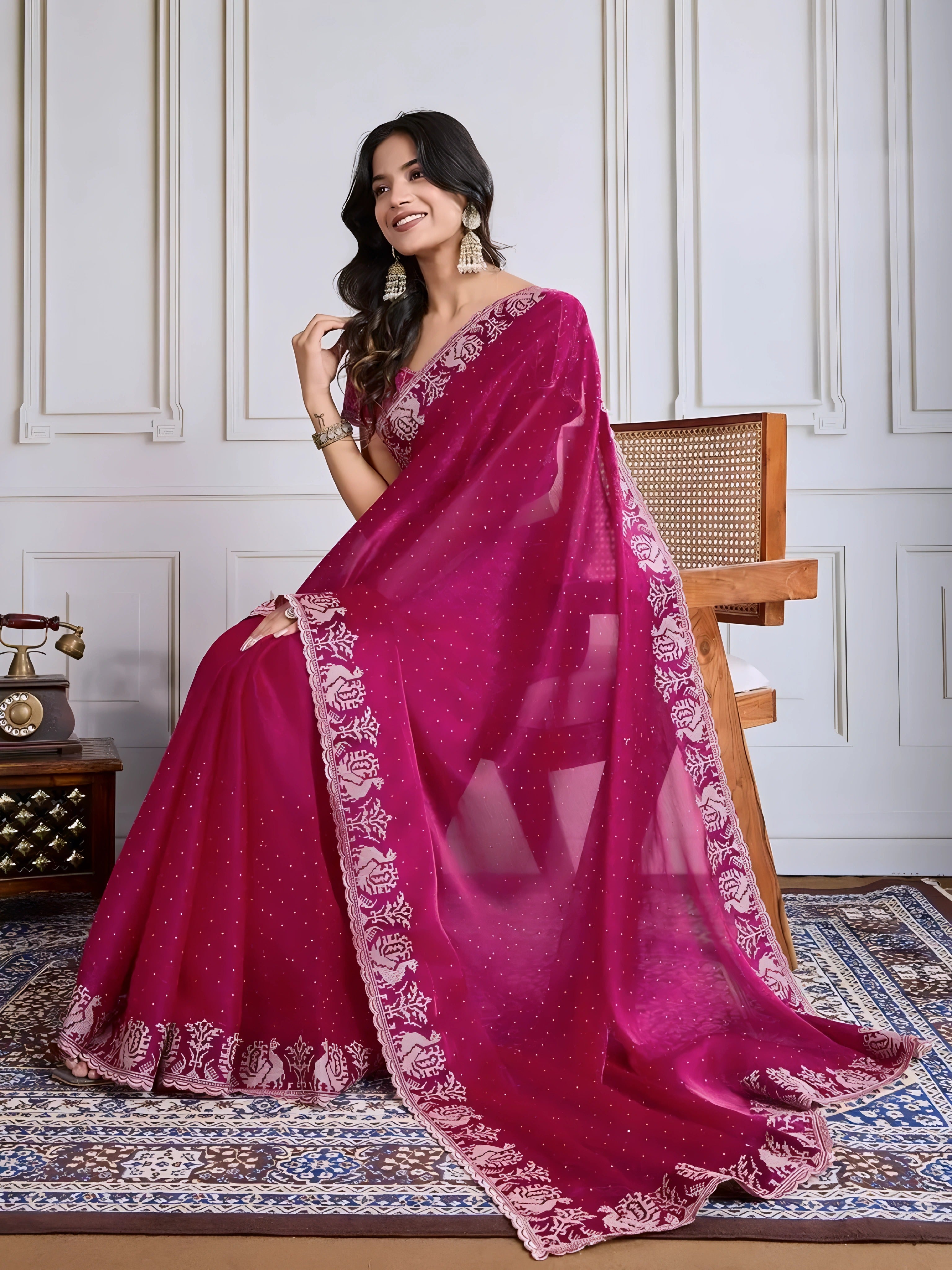 Woman wearing a magenta georgette saree adorned with subtle sequins and an ornate silver embroidered floral border, paired with a matching embroidered blouse. She stands elegantly in a classic white paneled room, accessorized with statement jhumka earrings and bangles, next to a vintage rotary telephone on a carved wooden side table and a modern wooden armchair set atop a decorative patterned rug for a graceful, timeless look.