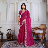 Dark Pink Swarovski & Embroidery Work Fendy Chiffon Silk