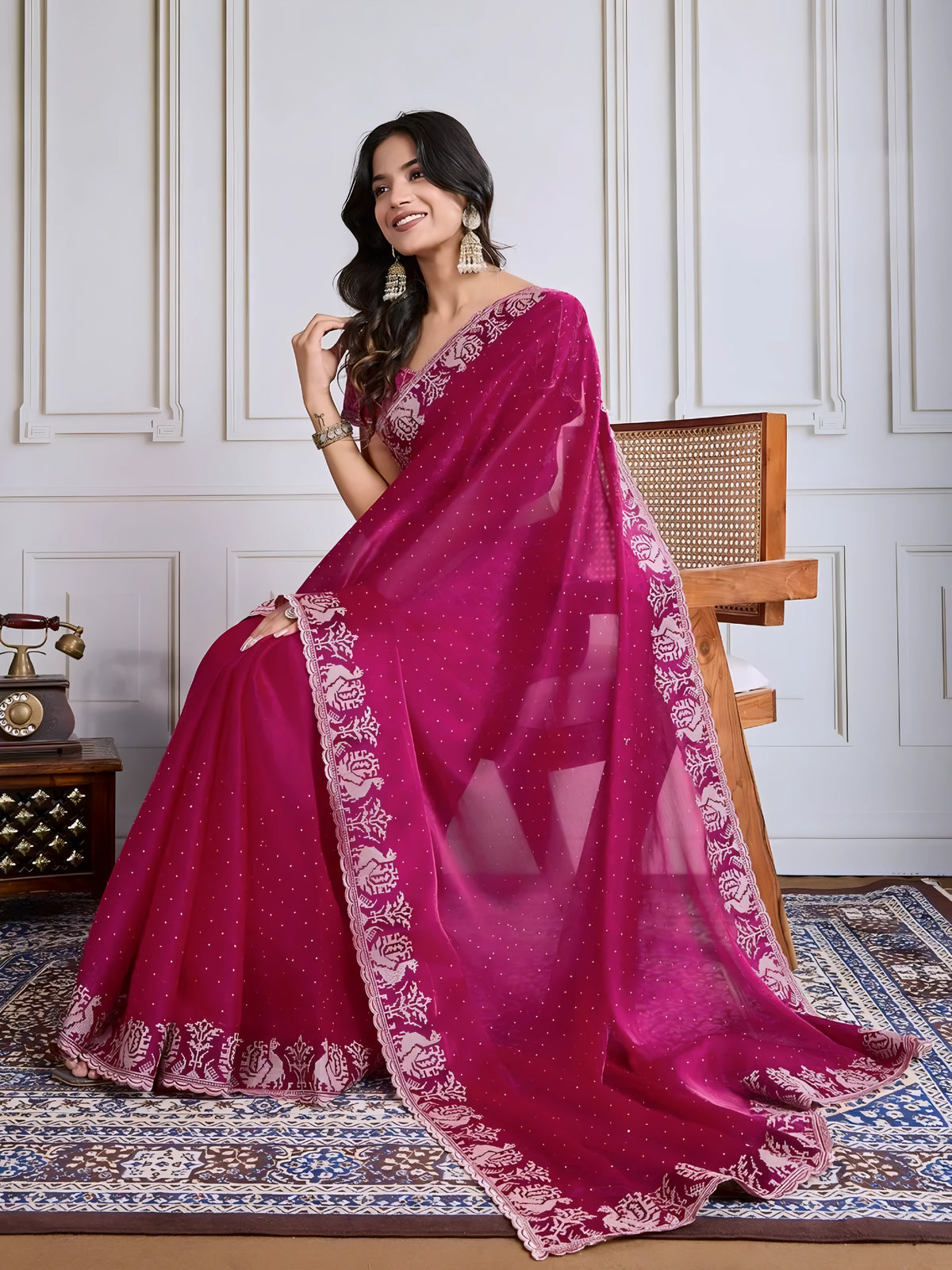 Dark Pink Swarovski & Embroidery Work Fendy Chiffon Silk