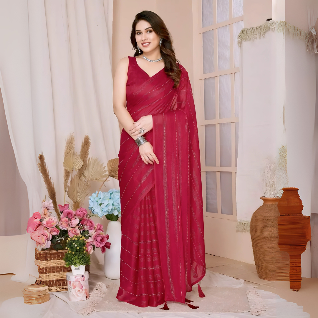 A woman models a vibrant Dark Pink Rimzim Silk Saree. The sheer fabric features prominent vertical stripes of fine metallic (silver) threadwork and subtle dot embellishments. She wears a matching sleeveless pink V-neck blouse and accessorizes with chunky oxidized silver jewelry, including a layered necklace and thick bangles.