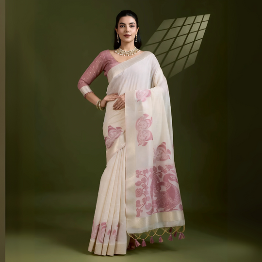 A woman models an elegant Beige Soft Muga Cotton Saree. The saree features large Kalamkari-style prints of peacocks and florals in a contrasting Dusty Rose Pink on the pallu. She wears a dusty pink elbow-sleeve blouse and accessorizes with a gold and pearl Kundan choker necklace, posing indoors.