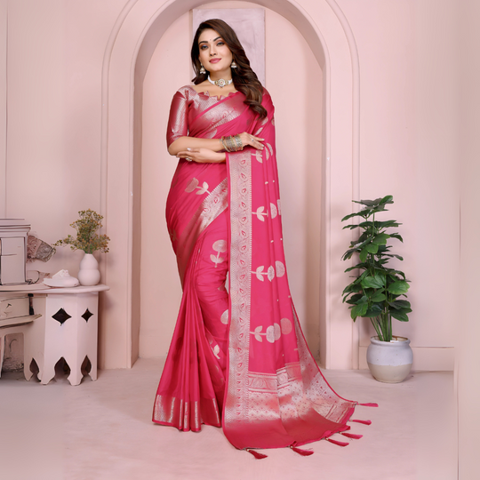 Pink Zari Weaving Soft Georgette Silk Banarasi Saree