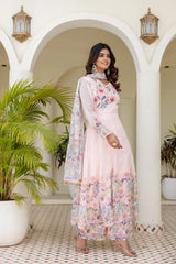 Graceful women's floral print long gown in soft pink with elegant full sleeve design.